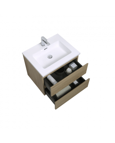 Meuble Suspendu Bois  + Vasque de 60 cm 2 Tiroirs Salle de Bain | InOutlet Carrelage