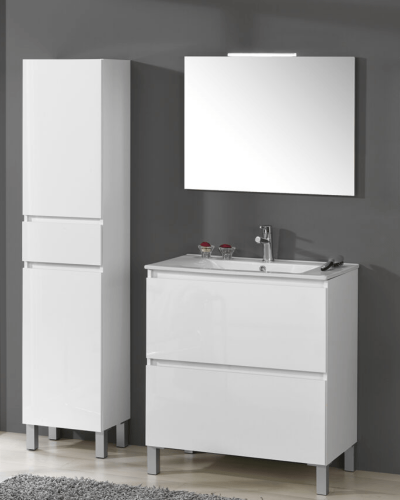 Meuble sur Pied Blanc Brillant + Vasque Malibú de 120 et 140 cm 4 Tiroirs Salle de Bain | InOutlet Carrelage