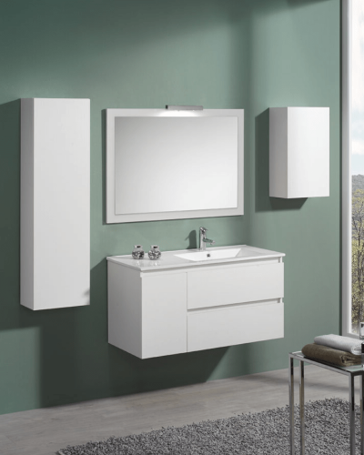 Meuble Suspendu en Bois + Vasque Beverly de 80 à 120 cm 2 Tiroirs et porte Salle de Bain | InOutlet Carrelage