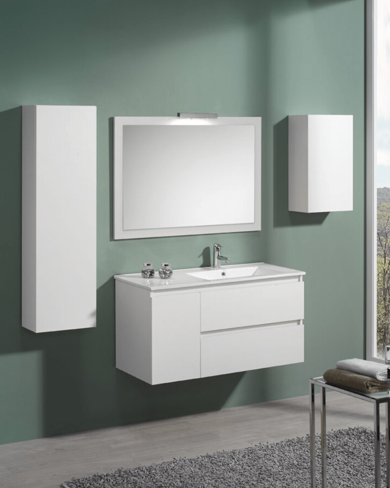 Meuble Suspendu en Bois + Vasque Beverly de 80 à 120 cm 2 Tiroirs et porte Salle de Bain | InOutlet Carrelage